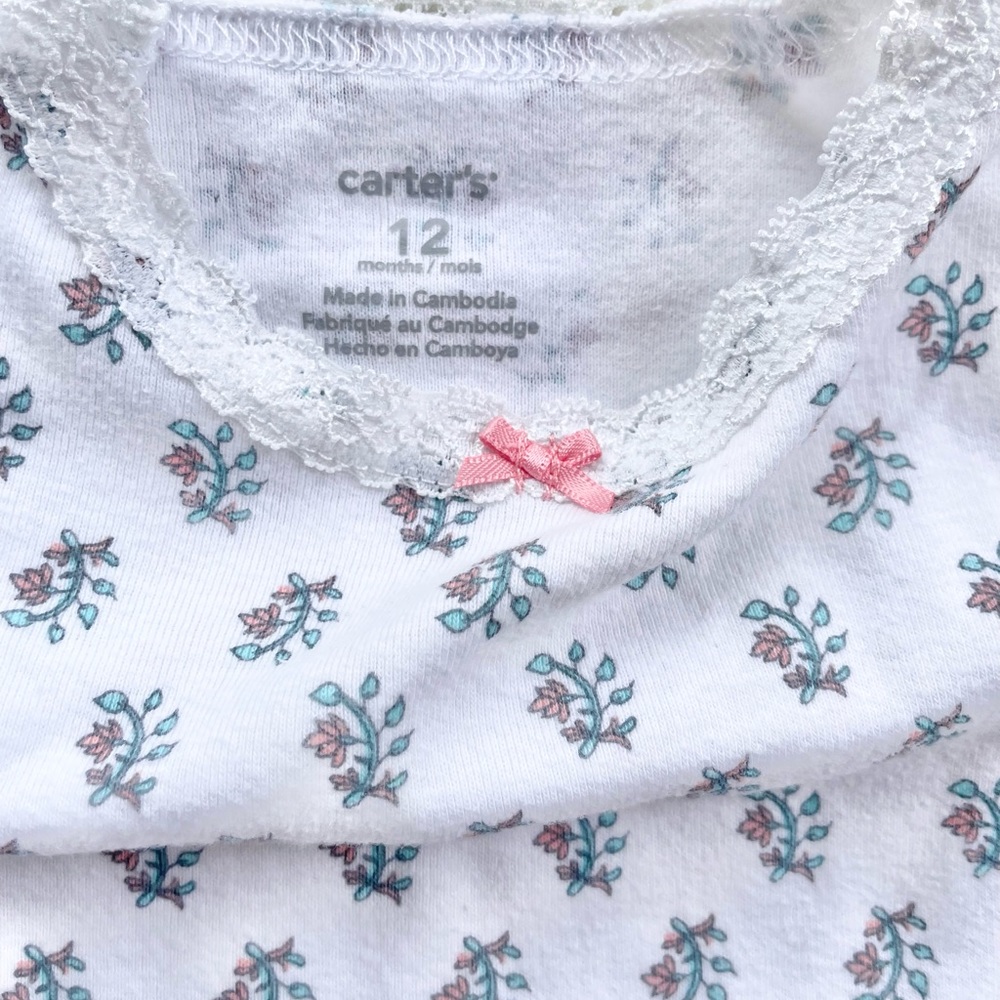 10/$25💥Lace Trim Pretty Floral Baby Girl Sleeveless Bodysuit, White Teal Pink